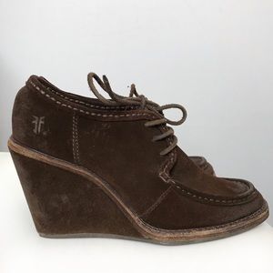 Frye Caroline suede wedge tie shoes platform heel brown size 7.5 women’s